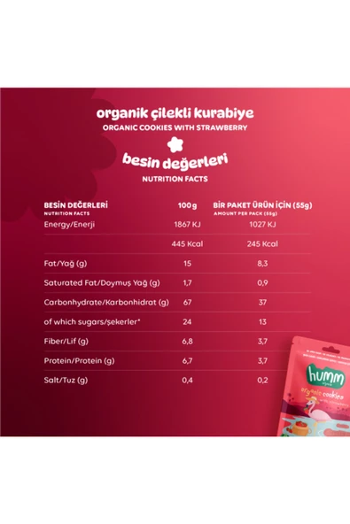 Humm Organic Organik Vegan Çilekli Kurabiye Atıştırmalık Paketi - 6 adet - 3