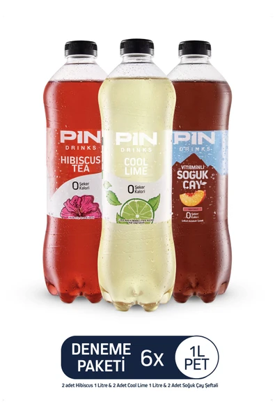 Pin Hibiskus Çayı & Cool Lime & Şeftali Soğuk Çay Deneme Paketi - Şekersiz & Kalorisiz 6x1litre Ice Tea