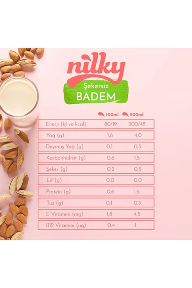NİLKY Şekersiz Badem Sütü Glütensiz Bitkisel Bazlı Laktosuz Vegan 2x1 Lt - 2
