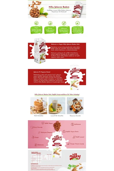 NİLKY Şekersiz Badem Sütü Glütensiz Bitkisel Bazlı Laktosuz Vegan 4x1 Lt - 2