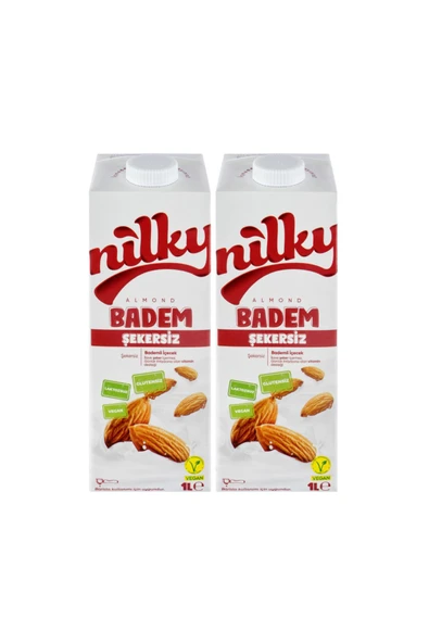 NİLKY Şekersiz Badem Sütü Glütensiz Bitkisel Bazlı Laktosuz Vegan 2x1 Lt