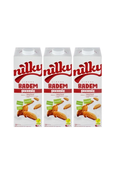 NİLKY Şekersiz Badem Sütü Glütensiz Bitkisel Bazlı Laktosuz Vegan 3x1 Lt