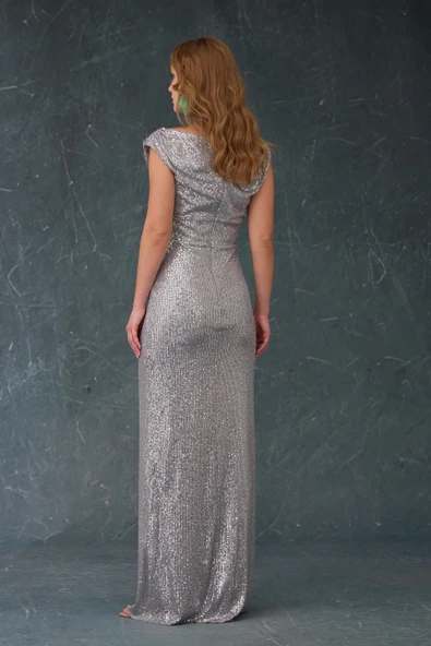 ELBISE UZUN HAKI PAYETLİ YIRTMACLI - Resim 7