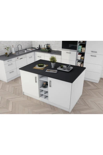 Tdesigno Athena Mutfak Adası -Alt Modül 150 cm Beyaz- Antrasit Tezgah Dahil ürün görseli