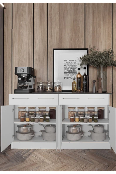 Tdesigno Salsa 4 Kapaklı-2 Çekmeceli Mutfak Alt Modül -200 cm - Çok Amaçlı Dolap -Beyaz-Tezgah Dahil - 2