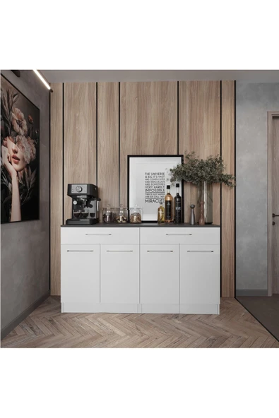 Tdesigno Chacha 4 Kapaklı-2 Çekmeceli Mutfak Alt Modül -140 cm - Çok Amaçlı Dolap -Beyaz-Tezgah Dahil