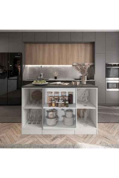 Tdesigno 160cm-Mambo Mutfak Adası -4 Kapaklı Alt Modül- Çok Amaçlı Dolap 160 cm Tezgah Dahil - 4