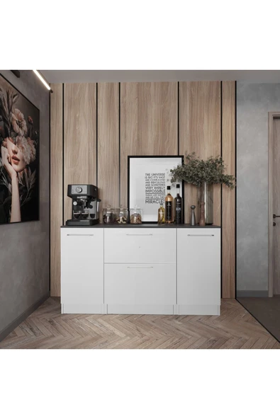 Tdesigno Juba Mutfak 2 Kapaklı-2 Çekmeceli Alt Modül -140 cm - Çok Amaçlı Dolap -Beyaz-Tezgah Dahil