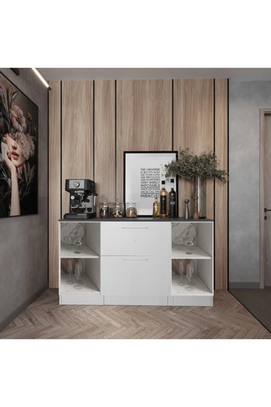Tdesigno Juba Mutfak 2 Kapaklı-2 Çekmeceli Alt Modül -140 cm - Çok Amaçlı Dolap -Beyaz-Tezgah Dahil - 3
