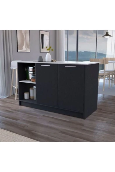 Tdesigno Kumsal Mutfak Adası - Antrasit-150 Cm-Beyaz Tezgahlı - 1