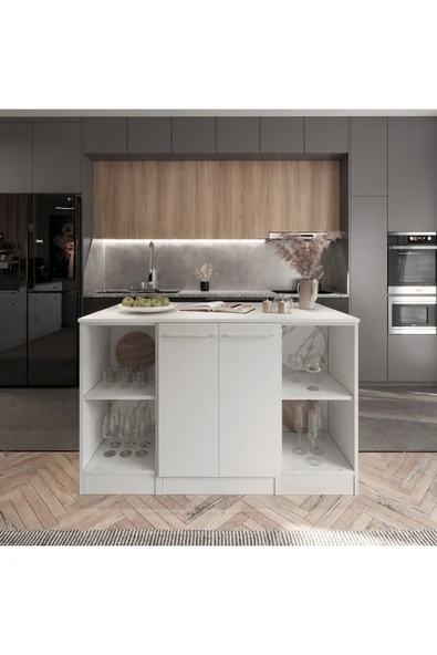 Tdesigno Beyaz Tezgahlı-Reina Mutfak Adası -160 cm-Çok Amaçlı Dolap-Alt Modül-Beyaz Tezgah Dahil - 2