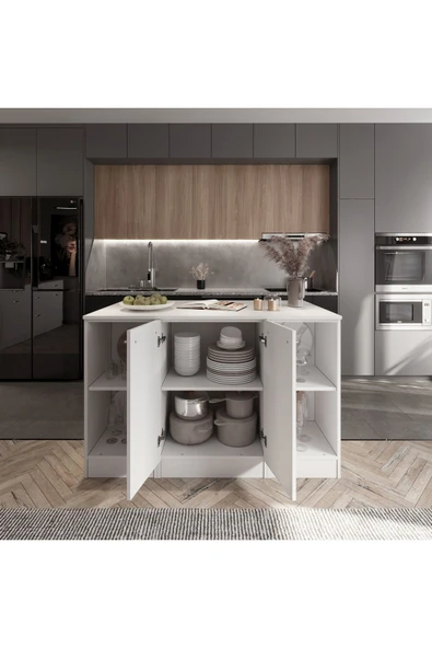 Tdesigno Beyaz Tezgahlı-Reina Mutfak Adası -160 cm-Çok Amaçlı Dolap-Alt Modül-Beyaz Tezgah Dahil - 3