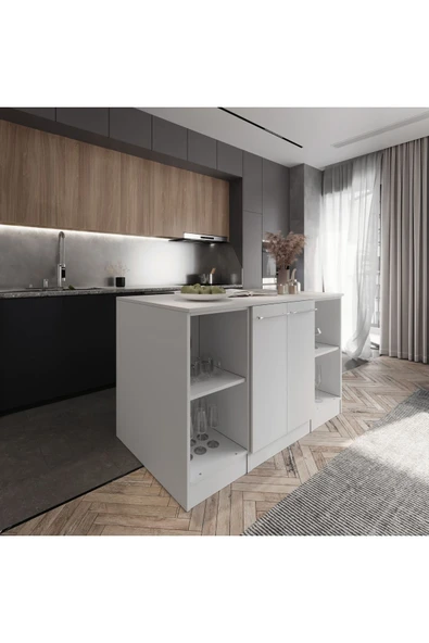 Tdesigno Beyaz Tezgahlı-Reina Mutfak Adası -160 cm-Çok Amaçlı Dolap-Alt Modül-Beyaz Tezgah Dahil