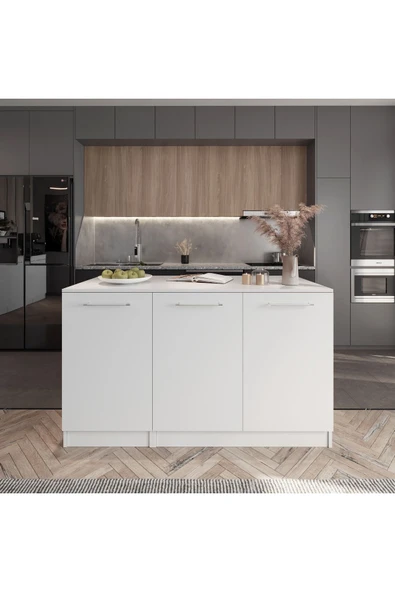Tdesigno Beyaz Tezgahlı Katrina Mutfak Adası Alt Modül 180 cm- Beyaz Tezgah Dahil-Çok Amaçlı Dolap-Alt Modül- - Resim 3