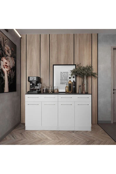 Tdesigno Salsa 4 Kapaklı-2 Çekmeceli Mutfak Alt Modül -200 cm - Çok Amaçlı Dolap -Beyaz-Tezgah Dahil