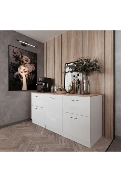 Tdesigno Harlem Mutfak 1 Kapaklı-4 Çekmeceli Alt Modül -180 cm - Çok Amaçlı Dolap -Beyaz-Tezgah Dahil - 2
