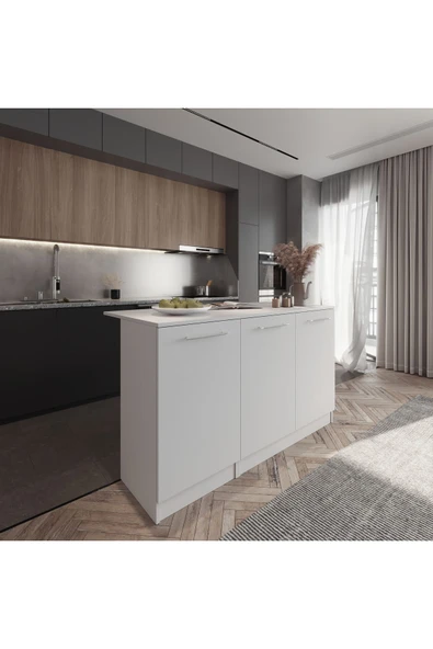 Tdesigno Beyaz Tezgahlı Katrina Mutfak Adası Alt Modül 180 cm- Beyaz Tezgah Dahil-Çok Amaçlı Dolap-Alt Modül- ürün görseli