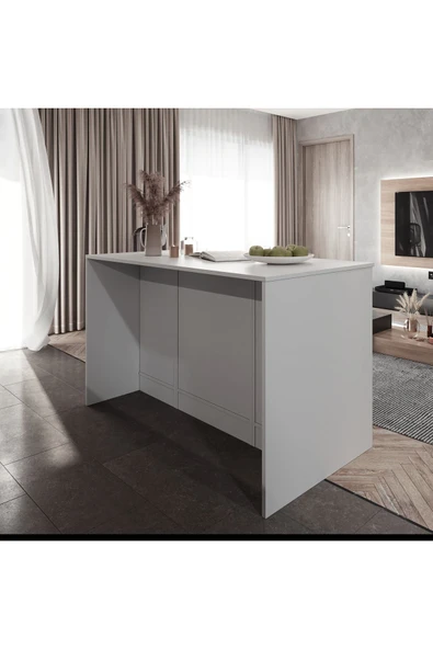 Tdesigno Beyaz Tezgahlı-Reina Mutfak Adası -160 cm-Çok Amaçlı Dolap-Alt Modül-Beyaz Tezgah Dahil - 4