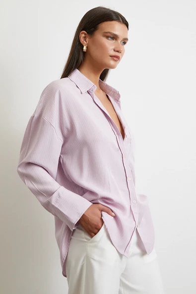 Cepli Çizgili Gömlek Lila - Resim 4