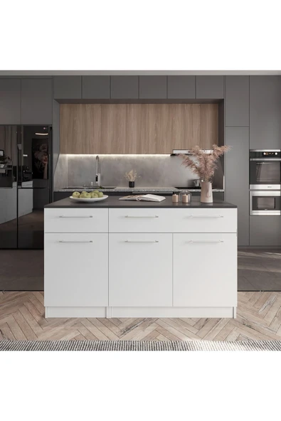 Tdesigno Zeus Mutfak Adası -Alt Modül-2 Çekmeceli 3 Kapaklı- 150 cm Beyaz -Tezgah Dahil ürün görseli