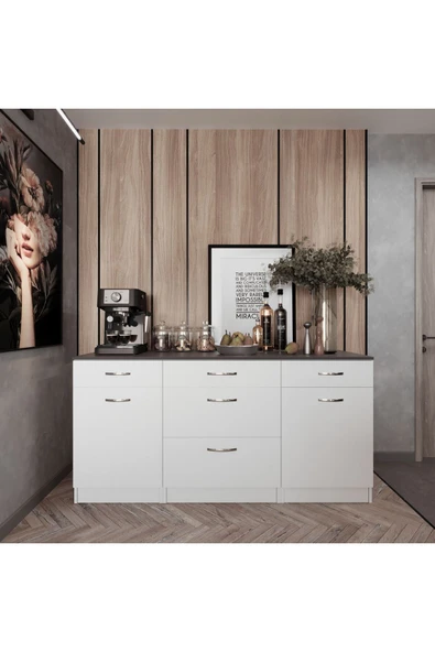 Tdesigno Tango Mutfak 5 Çekmeceli 2 Kapaklı Alt Modül 200 cm - Çok Amaçlı Dolap -Tezgah Dahil