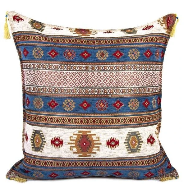 Kilim Desen (70cmx70cm) Şönil Kumaş Püsküllü Kare Ev Bahçe Minder Kılıfı NO4