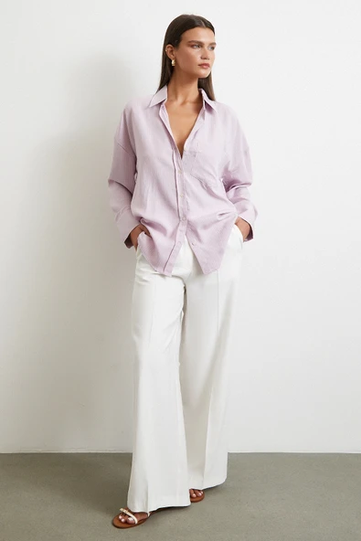 Cepli Çizgili Gömlek Lila - Resim 2