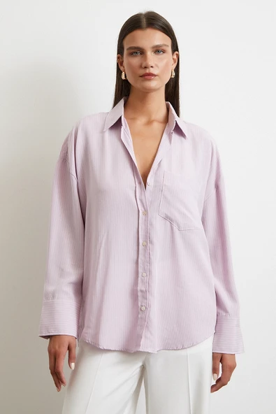 Cepli Çizgili Gömlek Lila - Resim 3