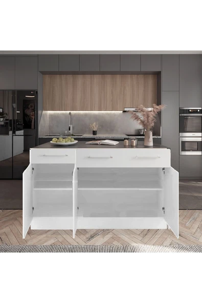 Tdesigno Zeus Mutfak Adası -Alt Modül-2 Çekmeceli 3 Kapaklı- 150 cm Beyaz -Tezgah Dahil - Resim 3