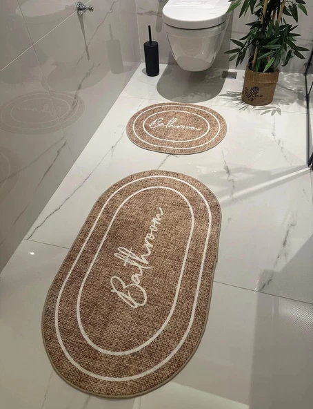 Bathroom Yazılı Banyo Paspası 2 Parça Hasır Zemin Beyaz