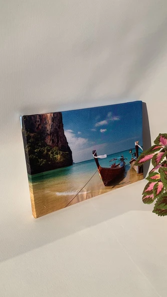 Dağ Kayık Okyanus Manzaralı Natürel Ahşap Çerçeve Ev İşyeri Ofis Duvar Kanvas Tablo MNZ15 - 5