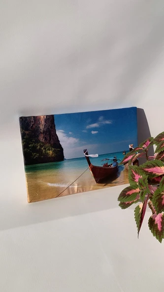 Dağ Kayık Okyanus Manzaralı Natürel Ahşap Çerçeve Ev İşyeri Ofis Duvar Kanvas Tablo MNZ15 - 3