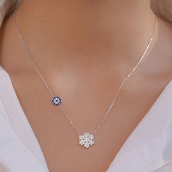 Kar Tanesi Nazar Tasarımlı 925 Ayar Gümüş Kadın Kolye - Resim 2