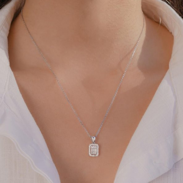 Baget Taşlı 925 Ayar Gümüş Kadın Kolye - Resim 2