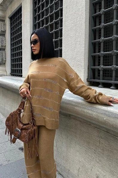 Simli Çizgili Desenli Kadın Triko Pantolon Kazak Takım (2 Parça ) Camel - 6