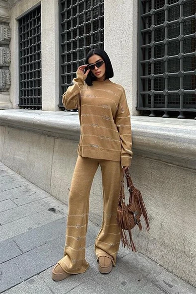 Simli Çizgili Desenli Kadın Triko Pantolon Kazak Takım (2 Parça ) Camel - 5