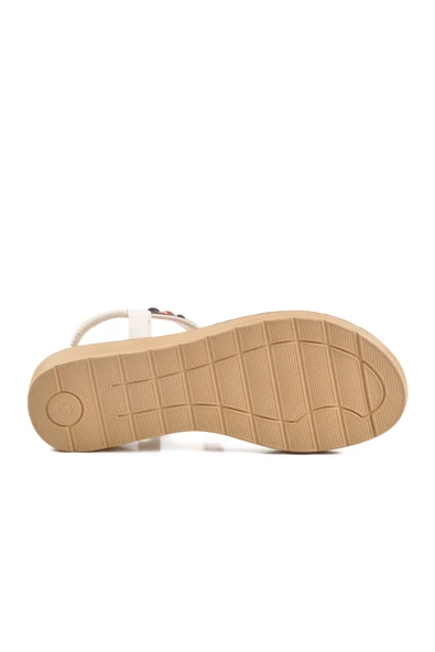 Voyager Beyaz Hakiki Deri Taş İşlemeli Kadın Düz Sandalet - Resim 5