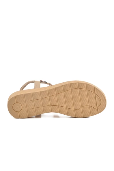 Voyager Bej Hakiki Deri Taş İşlemeli Kadın Düz Sandalet - 5