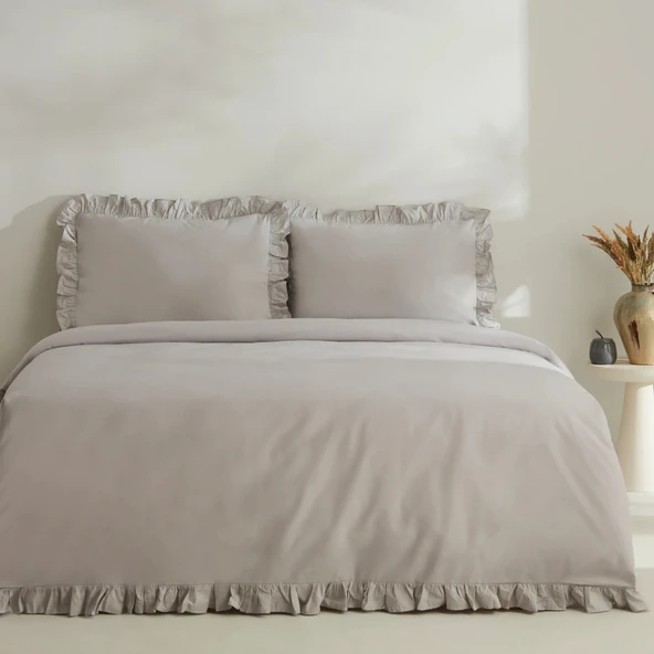 Karaca Home Pure Ruffle %100 Pamuk Çift Kişilik Nevresim Takımı Açık Gri ürün görseli 1