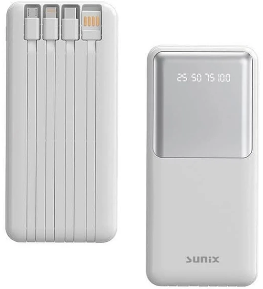 Sunix Pb-49 12000 Mah Dijital Göstergeli Dahili Çoklu Kablolu Taşınabilir Powerbank - Beyaz (Kutu Hasarlı)