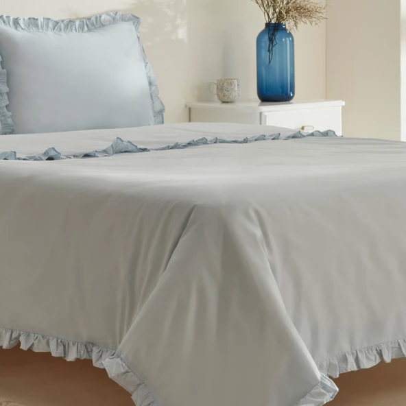 Karaca Home Pure Ruffle %100 Pamuk Çift Kişilik Nevresim Takımı Açık Mavi - Resim 4