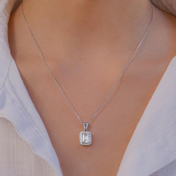 Baget Taşlı 925 Ayar Gümüş Kadın Kolye - Resim 2