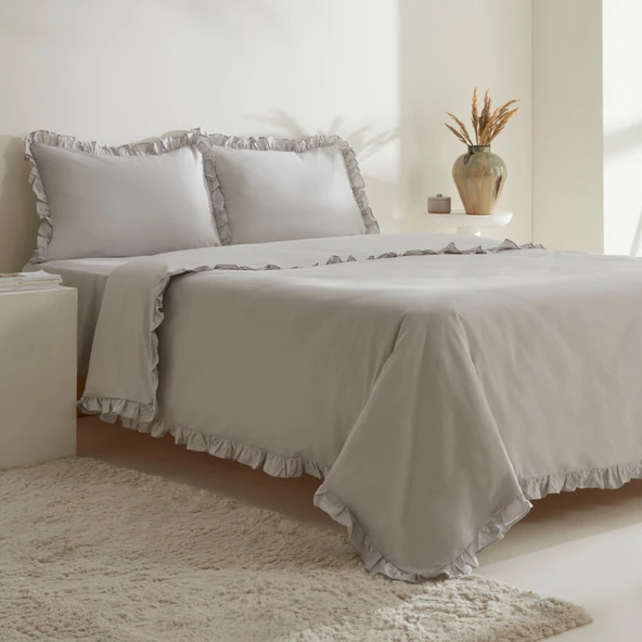 Karaca Home Pure Ruffle %100 Pamuk Çift Kişilik Nevresim Takımı Açık Gri - Resim 2