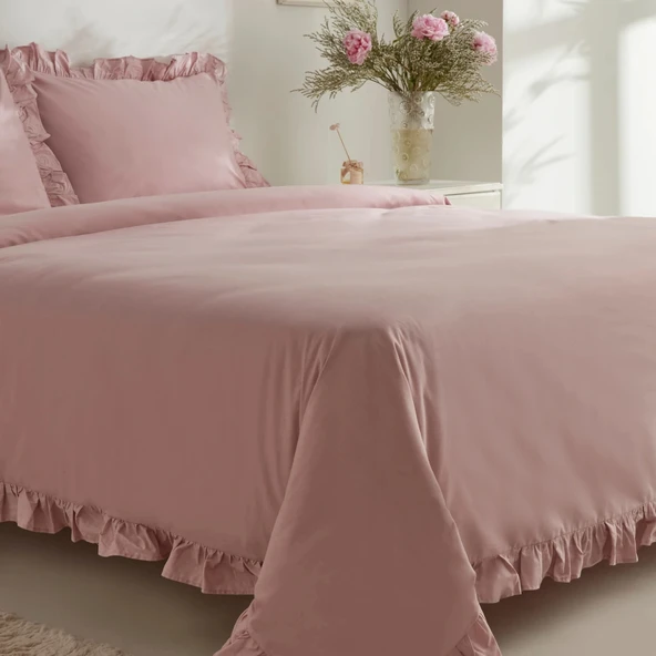 Karaca Home Pure Ruffle %100 Pamuk Çift Kişilik Nevresim Takımı Pudra - Resim 4