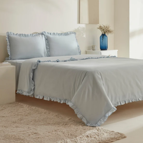 Karaca Home Pure Ruffle %100 Pamuk Çift Kişilik Nevresim Takımı Açık Mavi - Resim 2