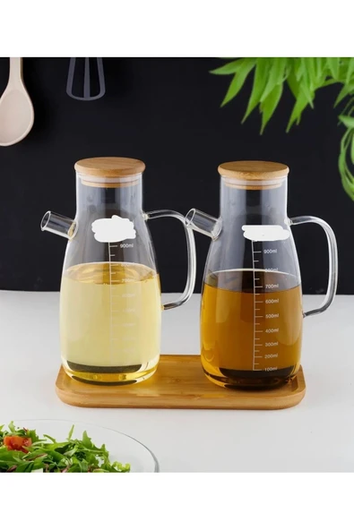 Online Kapında Bambu Standlı 2’li 900ml Borosilikat CamBambuKapaklıYağdanlık Set Ayçiçek Zeytinyağı