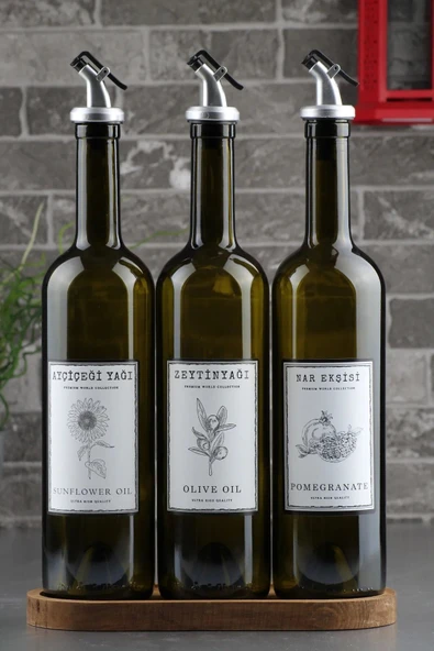 Online Kapında Onlline Kapında 3'lü Ahşap Stantlı Cam Zeytinyağı  Yağı ve Nar Ekşisi Şişesi 750 ml Cam Şişe Yağlık - 3
