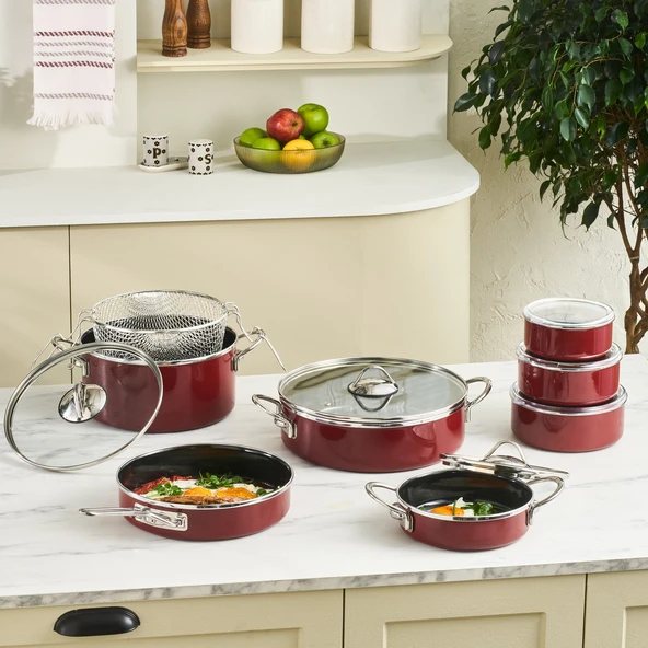 Karaca Erva 14 Parça İndüksiyon Tabanlı Emaye Çeyiz Seti Bordo - Resim 2