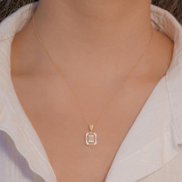 Baget Taşlı Altın Kaplama 925 Ayar Gümüş Kadın Kolye - Resim 2