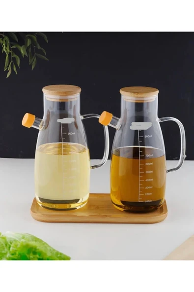 Online Kapında Bambu Standlı 2’li 900ml Borosilikat CamBambuKapaklıYağdanlık Set Ayçiçek Zeytinyağı - 2